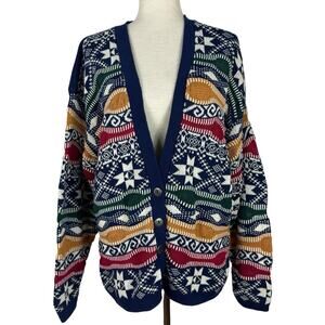 Vintage Heartworks Cardigan Women Large Multicolor Fair Isle Chunky 3D Knit NWT
